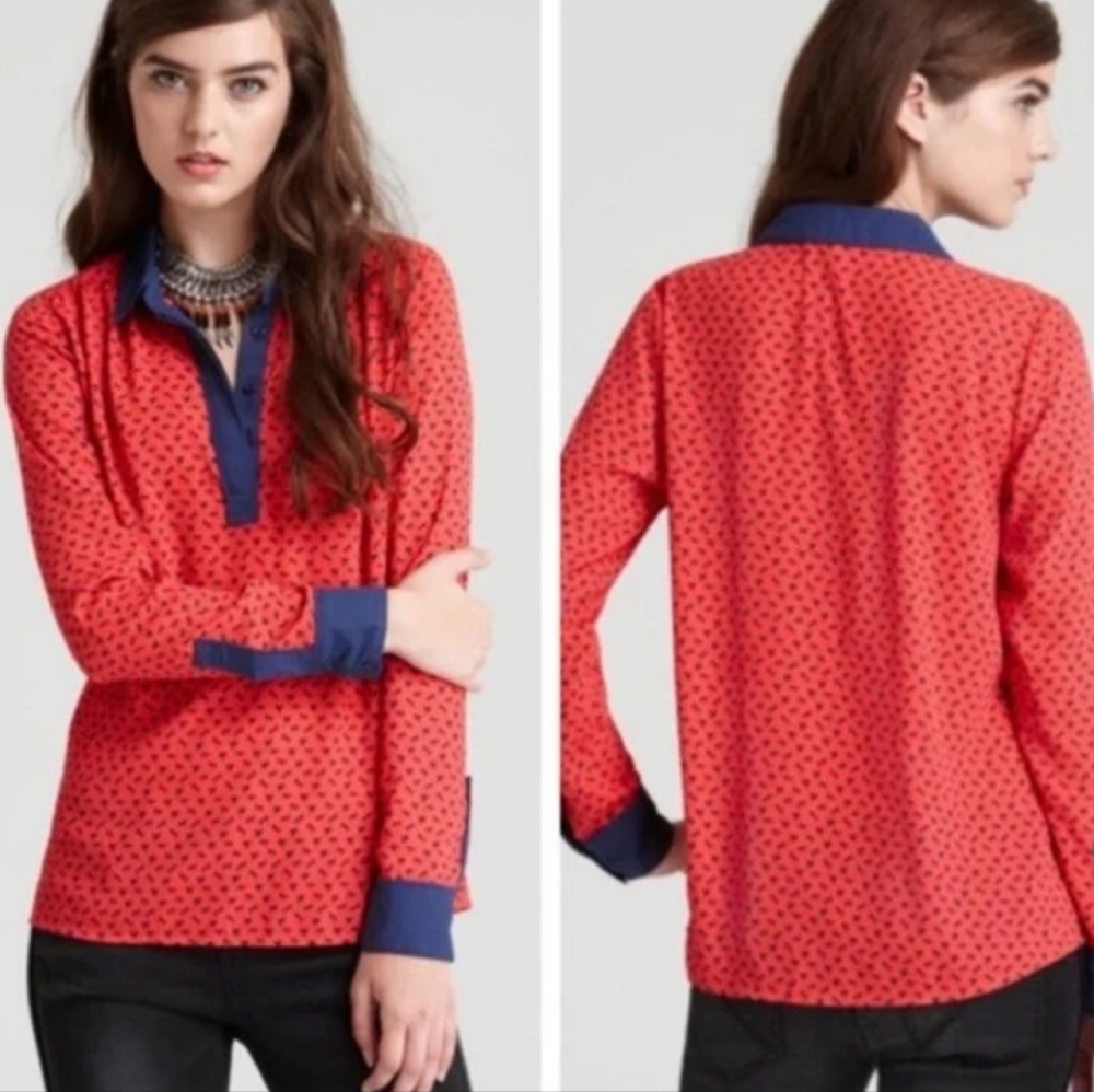 Free People Red & Blue Long Sleeved Horse Print Blouse Women's Size Medium